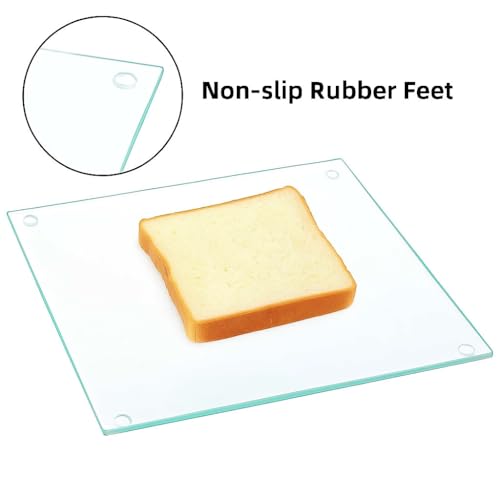 Hacaroa Set of 4 Tempered Glass Cutting Board, 10"x10" Small Square Chopping Board with Rubber Feet, Non-slip Placemat Tray for Kitchen Countertop, Shatter-Resistant, Clear