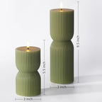 Olive Green Ribbed Flameless Pillar Candles with Remote, LED Candles Battery Operated Flickering Real Wax Set of 2 - color: Olive Green