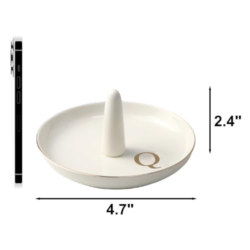 Ceramic Initials Jewelry Tray Ring Dish With Personalized Q-Monogrammed Engagement Wedding Gifts, for Birthday Mother's Day for Women, Ceramic White 4.7" x2.4" - style: Q