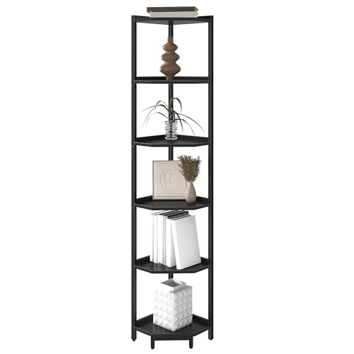 Hzuaneri Corner Shelf Stand, Corner Bookshelf, Storage Standing Shelf Unit with Metal Frame, Plant Stand, Bookcase for Living Room, Home Office, Bedroom, 6-Tier Black CS06006B - color: Black, size: 6 Tier