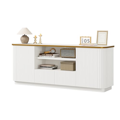 QUW 70" Fluted TV Stand for TVs Up to 80", Modern Entertainment Center with 2 Drawers & Cabinets, TV Console with Curved Profile Design, Luxury Wooden Media Console for Living Room, White - color: White