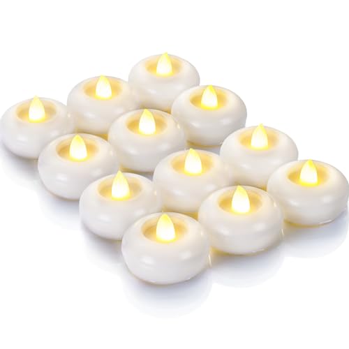 Homemory 2” Flameless Led Floating Candles, 200 Hour Plastic Battery Operated Flickering Waterproof Tealights for Cylinder Vases, Centerpieces at Wedding, Party, Pool, Holiday (12 Pack, White Base) - color: White base (12 Pack)
