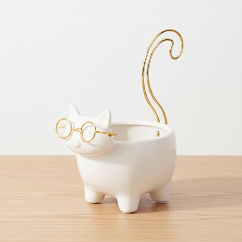 Ceramic Jewelry Dish & Trinket Tray – Ring Dish and Catchall for Everyday Accessories, Vanity or Nightstand Display – Cat Silhouette Decorative Tray Accent, Home Decor – 6", White & Gold - size: 6.0" H