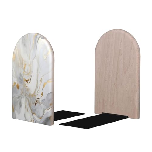 Decorative Bookends 2 Pcs White Golden Marble Print Wood Bookends for Shelves Heavy Books Kids Non-Skid Book Ends Stoppers for Office Desk Kitchen School