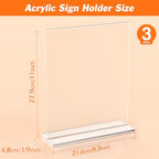 3 Pack Acrylic Sign Holder 8.5 x 11 Inches, Clear Menu Stand, Vertical Flyer Display, Table Paper Holder, Desk Brochure, Plastic Sign Display for Restaurants, Office, Store