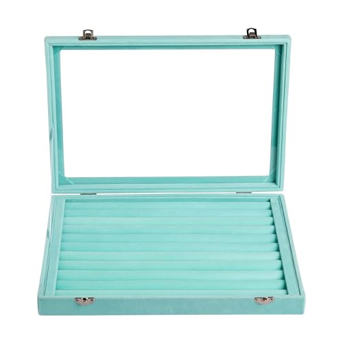 Frebeauty Rings/Earrings Organizer Tray with Clear Lid 10 Slots Velvet Drawer Insert Jewelry Storage box Transparent Glass lid Jewelry Display Case Showcase Gift for Girls Women (Turquoise, 10 Slots) - color: Turquoise, size: 10 Slots