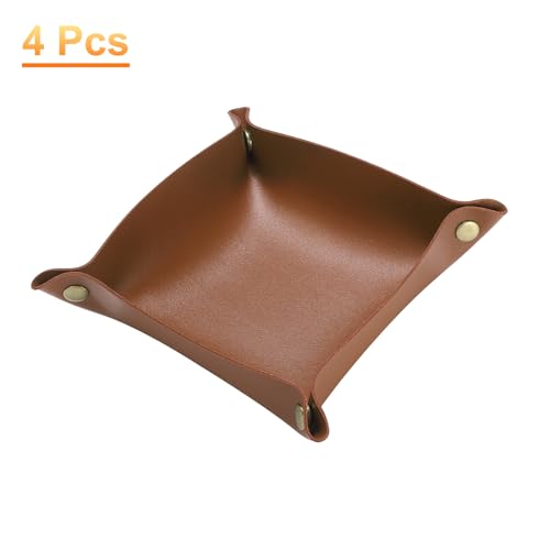 HARFINGTON 4pcs PU Leather Valet Tray Unisex Folding Small Catchall Tray Portable Entryway Table Tray Nightstand Bedside Desk Tray for Key Wallet Watch Coin Jewelry Dice, Brown - color: Brown