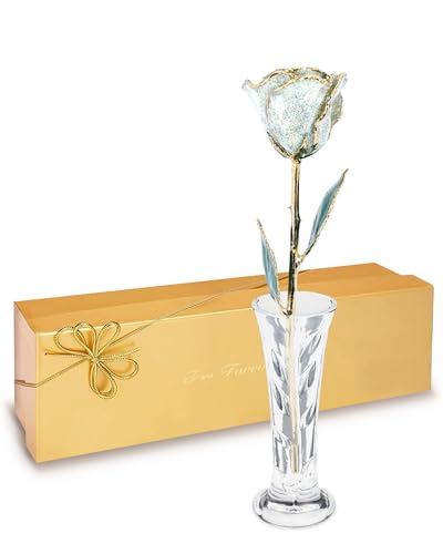 Forever Rose Hand-Dipped in 24K Gold, White Pearl-Inspired June Birthstone, Real Rose in Luxury Gold Gift Box & Clear Glass Bud Vase – Perfect Ready to Gift for June Birthday or Any Occasion - color: June Pearl