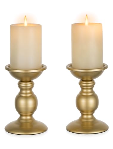 2 Pcs Gold Pillar Candle Holders, Gold Candlestick Most Ideal for 3" Pillar Candles, Gifts for Wedding, Party, Home, Spa, Reiki, Votive Candle (2 x S) - color: Gold, size: S + S