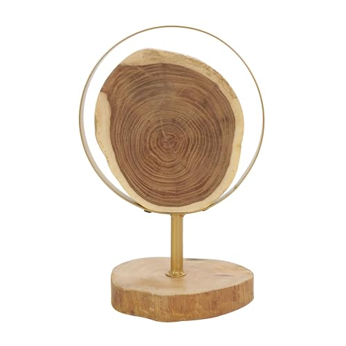 Deco 79 Wood Abstract Handmade Decorative Sculpture Live Edge Slab Home Decor Statues with Gold Metal Rings, Set of 2 Accent Figurines 14", 11"H, Brown - size: 14", 11"H