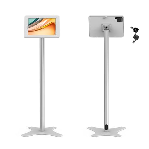 Tablet Floor Stand, Anti-Theft, Rotate Lockable Metal Tablet Enclosure+Aluminum Pole+Metal Base, Compatible with 10.9" iPad 10th, Pro 11" 1 2 3 4, Air 4 5, Air 11"(M2/M3), iPad 11"(A16) - color: White, size: iPad 10th (10.9"), iPad Pro (11")