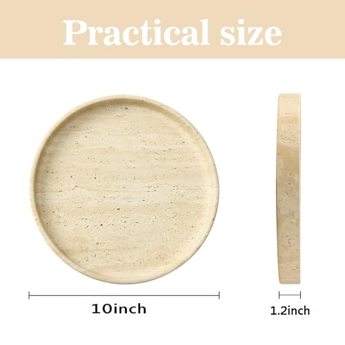 10 Inch Natural Travertine Tray - Round Beige Marble Vanity Tray for Bathroom Countertop, Jewelry & Perfume Organizer - Handcrafted Stone Catchall for Nightstand & Kitchen Decor - color: Beige Travertine