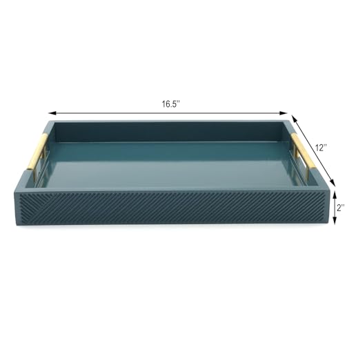 Serving Tray with Polished Metal Handles, 16.5''x12'' Rectangle Coffee Table Tray, Modern Decorative Tray, Large Ottoman Tray, Perfect for Storage and Display (Teal) - color: Teal