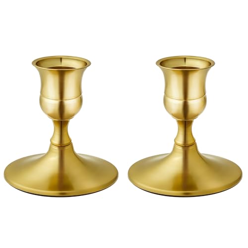 Vintage Brass Gold Taper Candle Holders, Set of 2, Metal Taper Candlestick Holder for Dinner Room Table Centerpiece, Wedding Reception, Festive,Mantel Decoration, Home Decor (Brass Gold, Set of 2) - color: Brass Gold, size: Set of 2