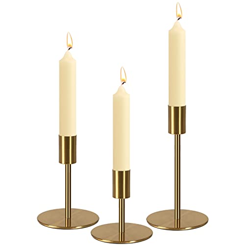 Brass Taper Candle Holders - Set of 3 Antique Brass Finish Candlestick Holder, Modern Rustic Metal Candlestick Holder for Wedding, Dining Table, Party Centerpiece