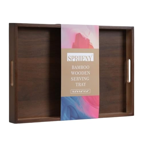 17.3‘’x11.8''x1.57''Large Bamboo Wooden Tray with Handles, Rectangular Natural Solid Wood, Walnut Brown Color Serving Tray.Suitable for Kitchen,Bedroom,Breakfast,Coffee,Decorative,Party Bars. - size: 17.3" x 11.8" x 1.6"