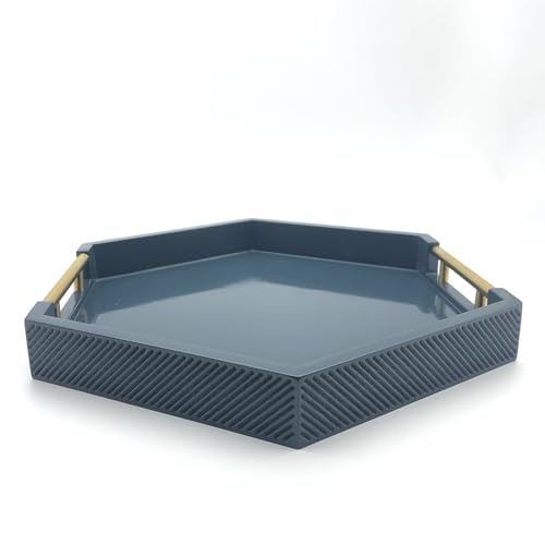 Serving Tray with Polished Metal Handles, Hexagon Coffee Table Tray, Modern Rectangle Decorative Tray, Large Ottoman Tray, Perfect for Storage and Display (Blue Hexagon) - color: Blue Hexagon