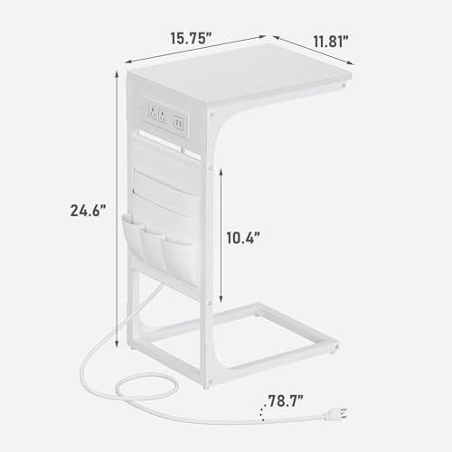 TUTOTAK C Shaped End Table with Charging Station, Side Table for Sofa, Couch Table with Storage Bag, TV Tray Table with 2 USB Ports and Outlets for Living Room, Bedroom, White TB01BW024 - color: White, size: 1 Pack (11.8"W), style: With Plug