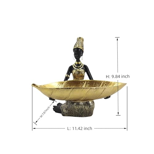 African Sitting Woman Leaf Bowl Statue – Tribal Resin Figurine for Candy Dish, Key Holder, Vanity Tray, African Decor Gift - color: 314gold