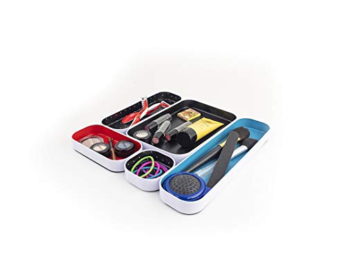Three by Three Seattle 5 Piece Metal Organizer Tray Set for Storing Makeup, Stationery, Utensils, and More in Office Desk, Kitchen and Bathroom Drawers (1 Inch, Blue Black Red and Dots) - color: Blue, Black, Red, Dots, size: 5 Piece