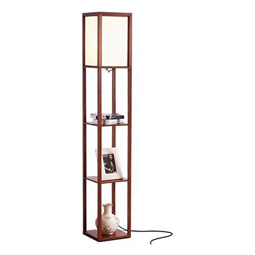 Brightech Maxwell - Modern Shelf Floor Lamp with Lamp Shade & Warm White LED Bulb, Corner Display Floor Lamp with Shelves for Living Room, Bedroom, Nightstand Office, Home Decor Storage - Walnut Brown - color: Walnut Brown