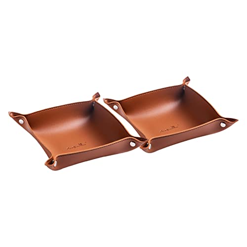 SANQIANWAN Leather Jewelry Valet Tray for Women and Man, Portable Entryway Table Tray Bedside Nightstand Desk Tray Small Catchall Travel Dish Plate for Key,Wallet,Watch,Coin (2PCs Brown-B) - color: 2pcs Brown-b, size: 8×8