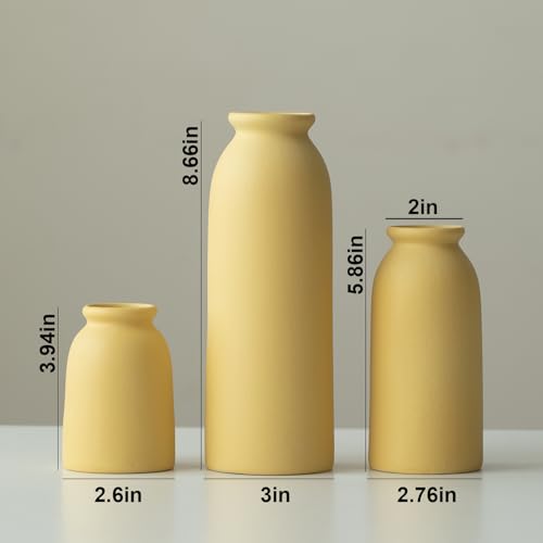 Ceramic Vase Set-3, Small Flower Vases for Decor, Modern Boho Farmhouse Style, Decorative Vases for Pampas Grass & Dried Flowers, Distressed Finish (Yellow) - color: Yellow