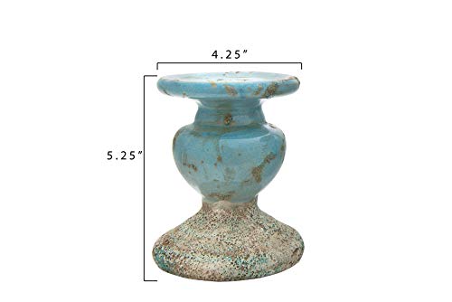 Creative Co-Op Small Distressed Blue Terracotta Pillar Candle Holder - color: Blue, size: 4.5" W x 5.25" H