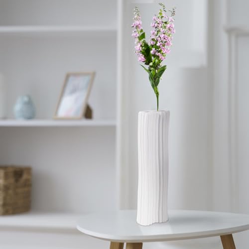 Howard Elliott Collection Hirst Ceramic Vase, White Ripple Texture Modern Abstract Decorative Flower Vase for Weddings, Floral Arrangements, Living Room & Home Decor, 4.75 x 4.75 x 15.75 Inch - size: 15.8"L x 4.8"W