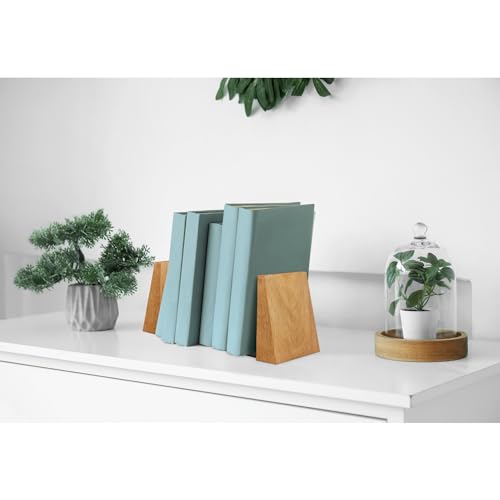 Book Ends for Office Accessories - 2 Pairs Handmade 100% Solid Wood Decorative Bookends with Metal Base - Heavy Duty Non-Skid Shelf Organizer for Books