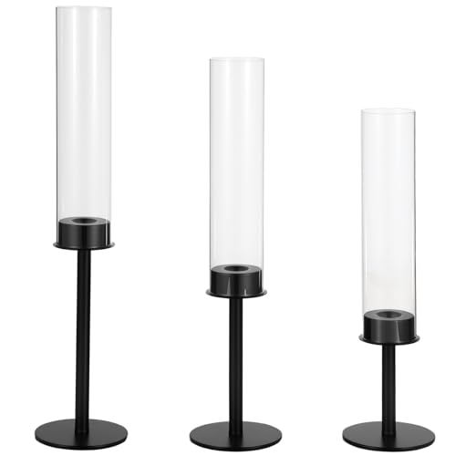 3 Pcs Black Hurricane Candlestick Holders, Metal Taper Candle Holder Set, Tall Glass Cylinder Design, 13.97 to 18.7 in Decorative Table Centerpieces for Wedding, Dining, and Fireplace