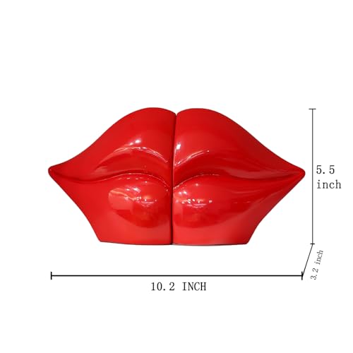 Red Lips Decorated Bookends，Set of 2 Heavy Decorative Book Stoppers，Unique Resin Decoration，Creative Desktop Red Decor for Study Room Hotel Office Shelves - color: Red Lips
