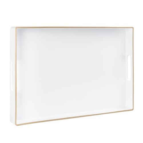 MAONAME White Decorative Tray for Coffee Table, Modern Serving Tray with Handles, Plastic Rectangular Tea Trays for Ottoman, Bathroom Decor, 15.8” X 10.2” x 1.4" - color: White, size: 15.8" x 10.2" x 1.4"