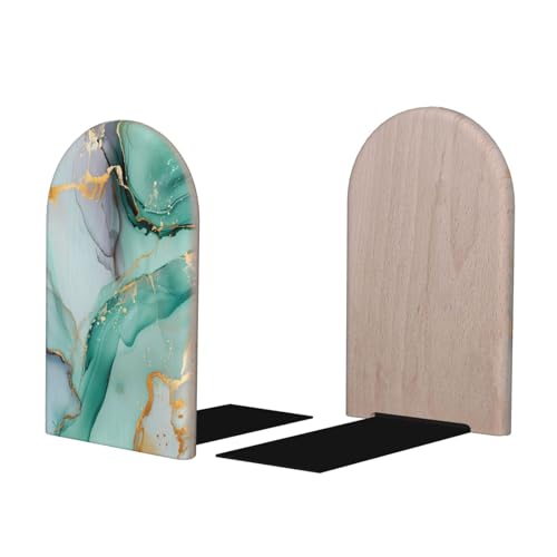 Decorative Bookends 2 Pcs Mint Green Golden Marble Print Wood Bookends for Shelves Heavy Books Kids Non-Skid Book Ends Stoppers for Office Desk Kitchen School - color: Mint Green Golden Marble Print