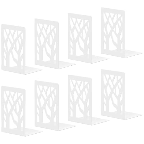 White Bookends 8 Pack, Tree Design Modern Metal Bookends for Shelves, Unique Tree Book Ends Decorative Book Organizer for Desk, Decorative Shelve Book Stopper for Home Office - color: White 8 Pieces