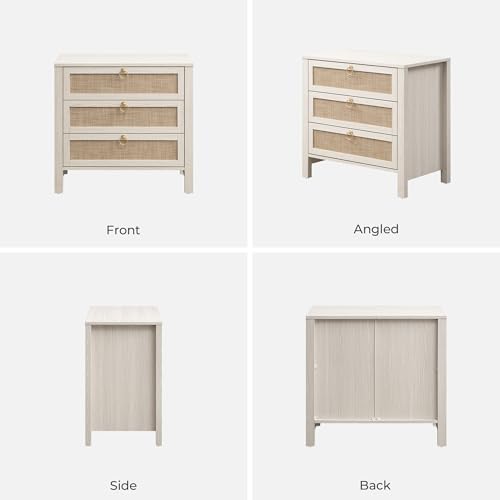 SICOTAS White Night Stand with Drawers - Large Rattan Bedside Table with Golden Handle, 3 Drawers Nightstand Tall End Table Side Table Boho Nightstand for Bedroom - color: White Cream Oak