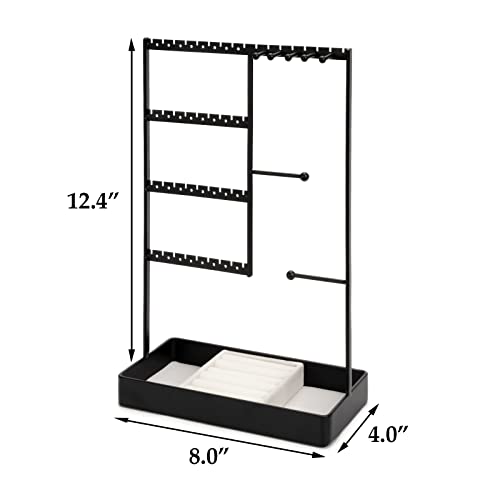 Jewelry Organizer, 4-Tier Earring Holder Organizer with Metal Tray, Jewelry Holder Stand for Necklaces Stud Earrings Bracelets and Rings, Earring Organizer - color: Black
