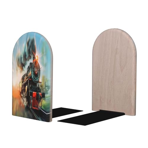 Decorative Bookends 2 Pcs Steam Train Wood Bookends for Shelves Heavy Books Kids Non-Skid Book Ends Stoppers for Office Desk Kitchen School - color: Steam Train