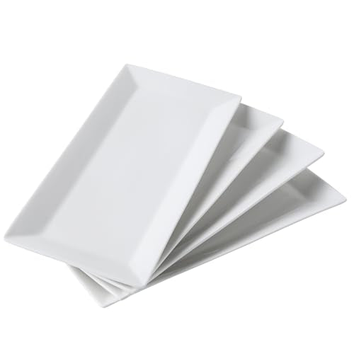 12" Serving Platters Set of 4, White Rectangular Plates, Ceramic Serving Tray, Stackable Large Party Plates for Appetizer, Dessert, Steak, Sushi, Housewarming Gift, Oven Dishwasher Safe - color: 12inch