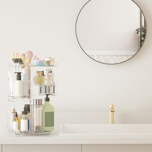 Rotating Makeup Organizer, DIY 8 Adjustable Layers Spinning Skincare Organizer, Cosmetic Display Case with Brush Holder Perfume Tray, Multi-Function Storage Carousel for Vanity Bathroom Countertop - color: Clear