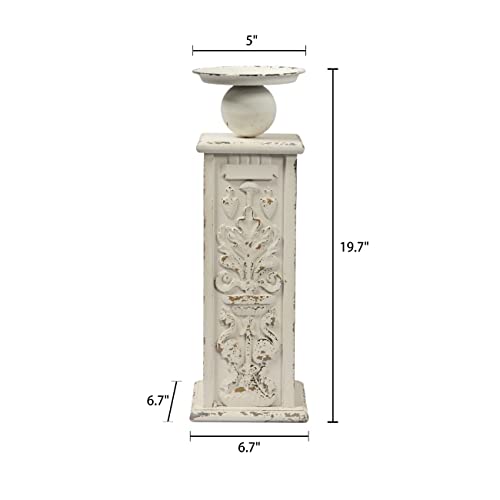 18" Tall Floor Candle Holders for Pillar Candles, Handmade White Large Solid Wood Candle Holder Handcarving Distressed Finish, Decorative Farmhouse Candle Stand for Home Wedding Housewarming Decor
