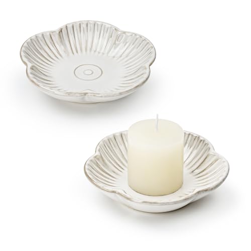 Koythin Ceramic Candlestick Holder for Pillar Candles, Floral Shape Candle Stand & Dish Bowl for Candlesticks, Incense, Decorative Ceramic Plate Tray for Table Centerpiece and Home Decor (White) - color: White