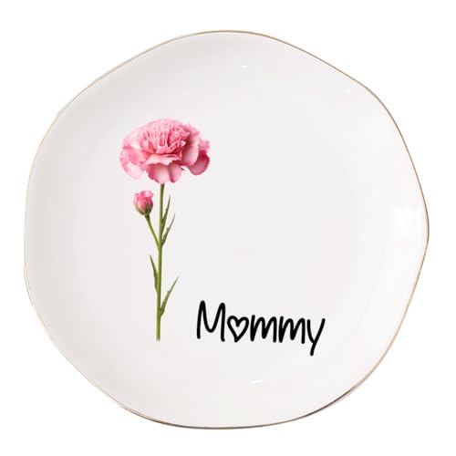 Ship Next Day, Personalized Ceramic Jewelry Dish, Custom Birth Flower & Name Trinket Tray for Mother's Day, Bridesmaid, Birthday Gift - Waved Round - color: Birth Flower Jewelry Tray-waved Round