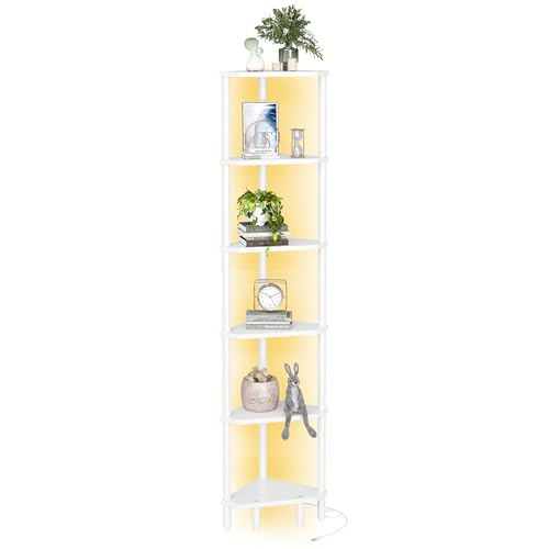 6 Tier Corner Shelf with LED Light, 66.5'' Tall Standing Shelf, Narrow Display Shelf Stand, Modern Corner Bookshelf, Plant Stand, Corner Bookcase for Living Room, Bedroom, Small Space LCS502WE - color: White With Light