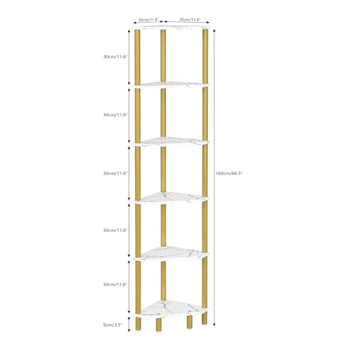6 Tier Corner Shelf, 66.5'' Tall Standing Shelf, Narrow Display Shelf Stand, Modern Corner Bookshelf, Plant Stand, Corner Bookcase for Living Room, Bedroom, Bathroom, Gold and White LCS502GC - color: Gold and White