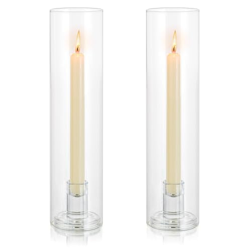 Glass Hurricane Candle Holder: 11.8" Tall Candlestick Holder with Cylinder Windproof Cover Clear Taper Candle Holders for Wedding Party Birthday Christmas Home Decor Set of 2 - size: 11.8" H - 2 Pcs