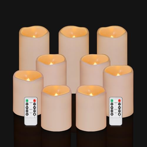 Artmarry Flameless Candles 4" 5" 6" Set of 9 Ivory Waterproof Pillars 3" Diameter Battery Operated Flickering Candles Include 10-Key Remote Timer Function 400+ Hours by 2 AA Batteries (9 Pack) - color: Ivory Candle - Warm light, size: 3"D x 4"|5"|6" H - 9