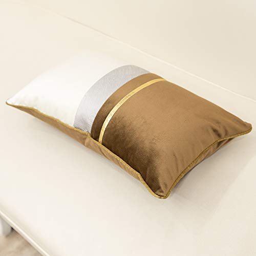 Avigers 12 x 20 Inches Coffee Brown White Gold Leather Striped Patchwork Velvet Cushion Case Luxury Modern Throw Pillow Cover Decorative Pillow for Couch Living Room Bedroom Car - color: Coffee Brown, size: 20" x 12" (Pack of 1)