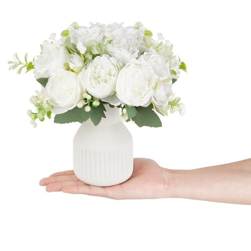 Mkono Fake Flowers in Vase 9 inches Artificial Flower Centerpieces Coffee Table Decorations Silk Flowers Arrangements for Home Desk Shelf Dining Room Kitchen Wedding Decor (White)