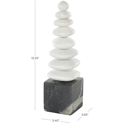 Deco 79 Marble Abstract Decorative Sculpture Stacked Stone Home Decor Statue with Black Block Base, Accent Figurine 3" x 4" x 12", White - size: 3" x 4" x 12"